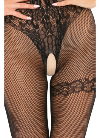Bodystocking noir résille effet body string et jarretière - REN7063-BLK